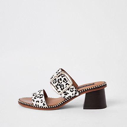 River Island Womens White Leather Leopard Print Block Heel Mules