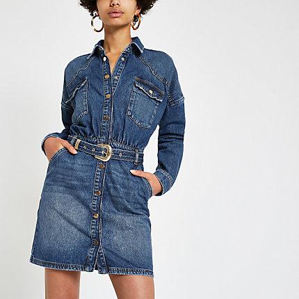 River Island Womens Belted Denim Shirt Dress