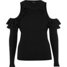 River Island Womens Ribbed Ruffle Cold Shoulder Top