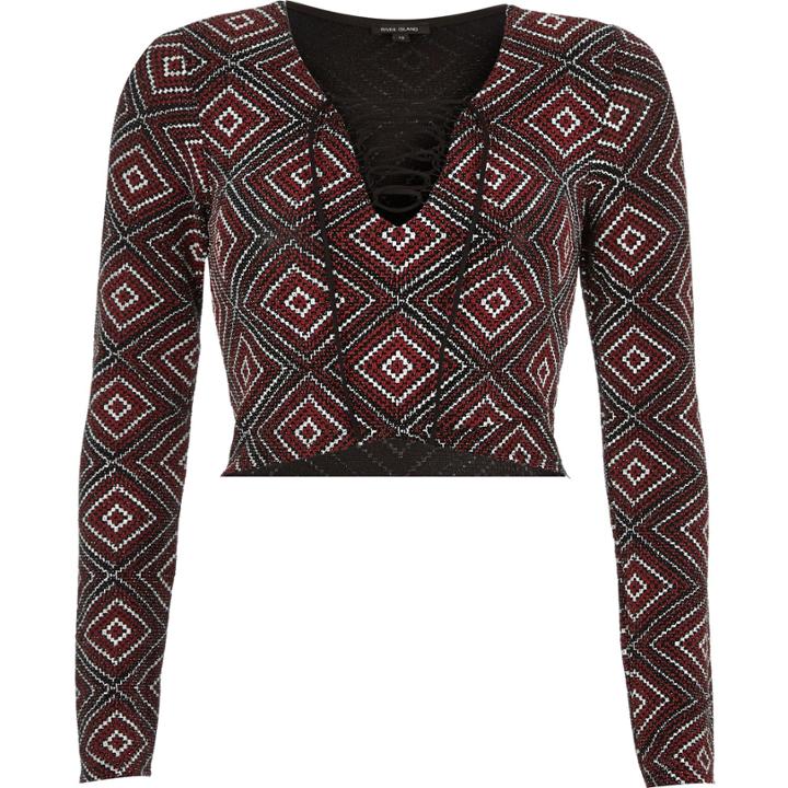 River Island Womens Print Lace-up Neck Crop Top