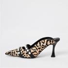 River Island Womens Leopard Print Leather Flare Heel Mules