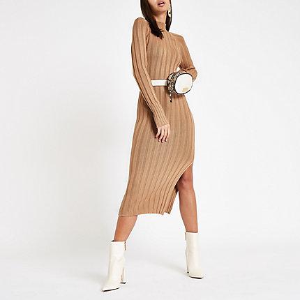 River Island Womens Ribbed Knit High Neck Bodycon Dress