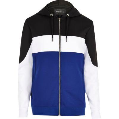 River Island Mensblue Color Block Zip Up Hoodie