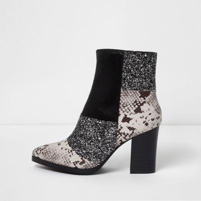 River Island Womens Glitter And Snake Block Heel Boots