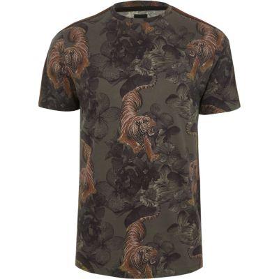 River Island Mens Slim Fit Tiger Print Tape T-shirt