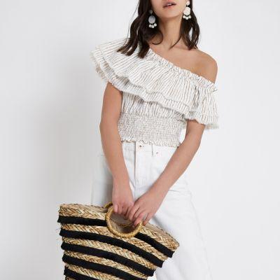 River Island Womens Stripe Frill One Shoulder Crop Top