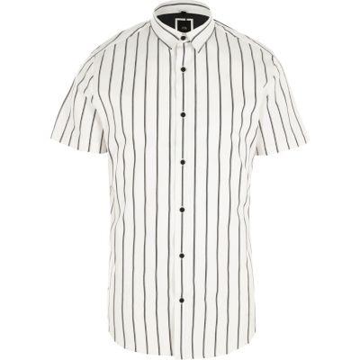 River Island Mens White Stripe Slim Fit Short Sleeve Shirt