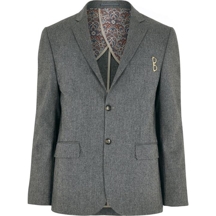 River Island Mensgrey Herringbone Wool-blend Blazer
