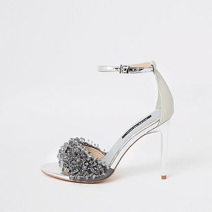 River Island Womens Silver Beaded Slim Heel Sandals