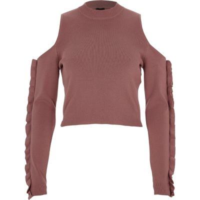 River Island Womens Cold Shoulder Ruffle Sleeve Knit Top