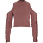 River Island Womens Cold Shoulder Ruffle Sleeve Knit Top
