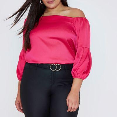 River Island Womens Plus Bardot Puff Sleeve Top