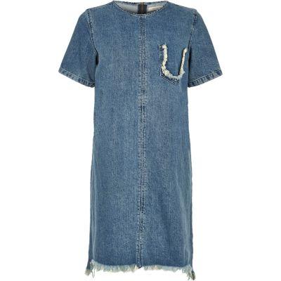 River Island Womens Wash Frayed Denim T-shirt Dress