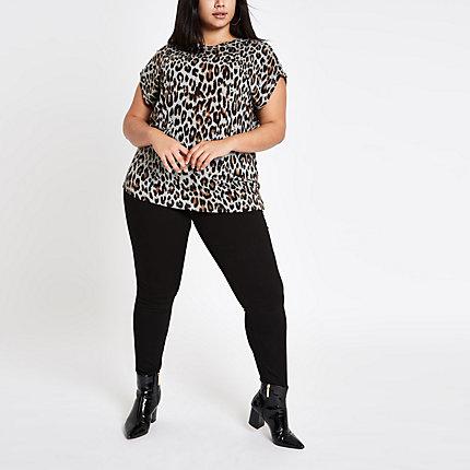 River Island Womens Plus Leopard Button Shoulder T-shirt