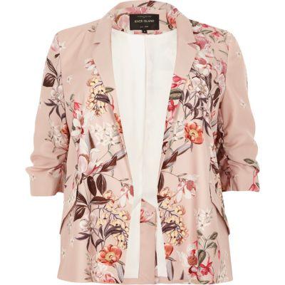 River Island Womens Plus Floral Print Ruched Sleeve Blazer