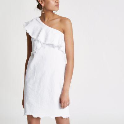 River Island Womens White Frill One Shoulder Denim Dress