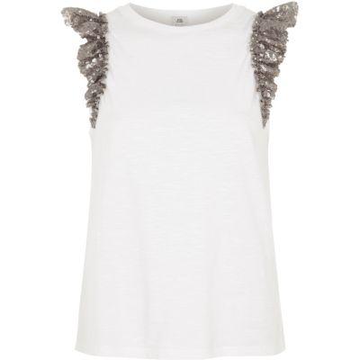 River Island Womens White Sequin Frill Sleevek Top