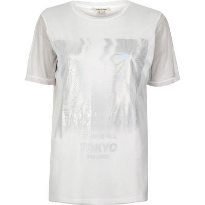 River Island Womens White Metallic Tokyo Print Mesh T-shirt
