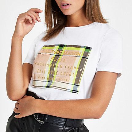 River Island Womens White Velvet Check Box Print T-shirt