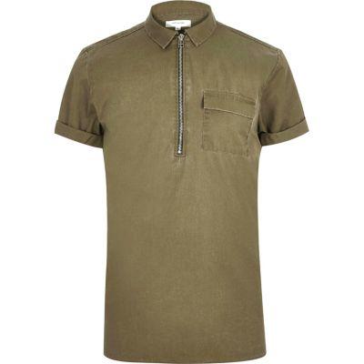 River Island Mens Washed Zip Neck Short Sleeve Top