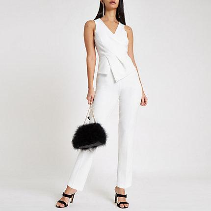 River Island Womens White Wrap Front Tapered Leg Jumpsuit