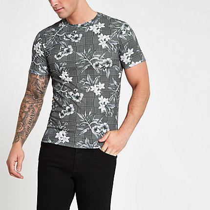 River Island Mens Floral Check Slim Fit T-shirt