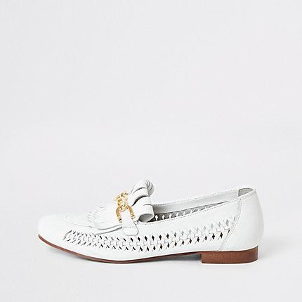 River Island Womens White Leather Woven Loafers