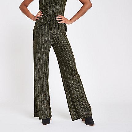River Island Womens Gold Glitter Pleated Wide Leg Trousers