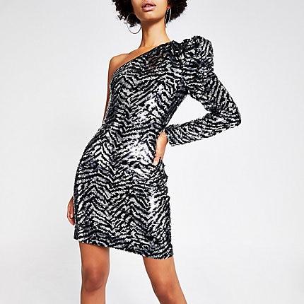 River Island Womens Silver Sequin One Shoulder Mini Dress