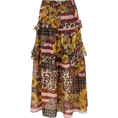 River Island Womens Mix Print Tiered Frill Maxi Skirt