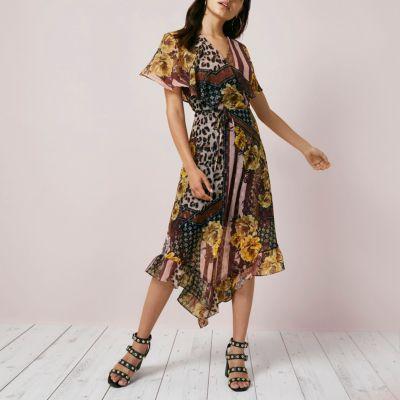 River Island Womens Mixed Print Asymmetric Hem Midi Dress