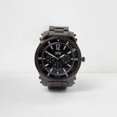 River Island Mens Gunmetal Tone Chain Link Bezel Watch