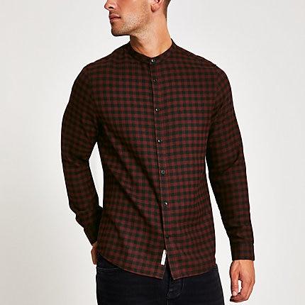 River Island Mens Check Long Sleeve Grandad Collar Shirt