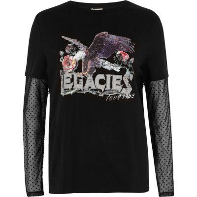 River Island Womens Mesh Sleeve Band Print T-shirt
