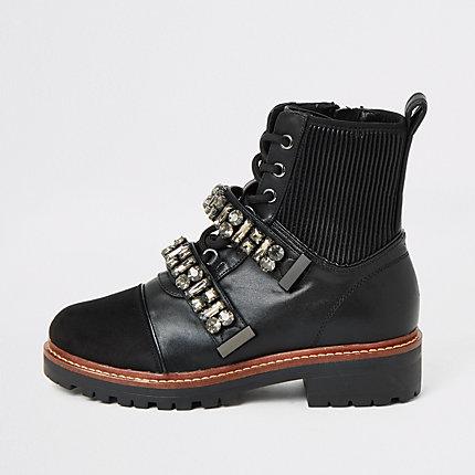 River Island Womens Embellished Strap Chunky Biker Boots