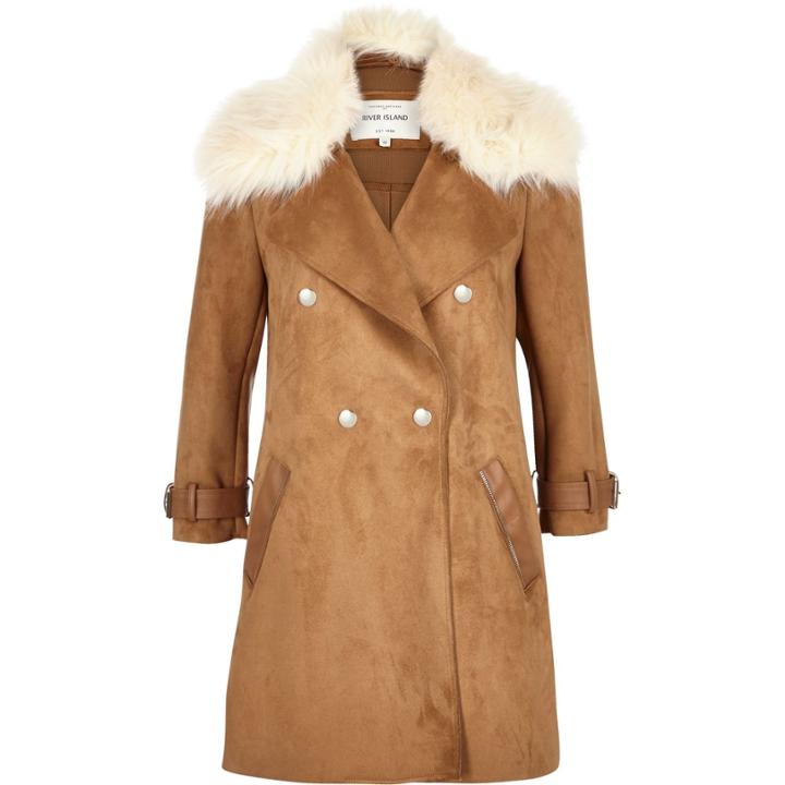 River Island Womens Faux Suede Faux Fur Collar Coat