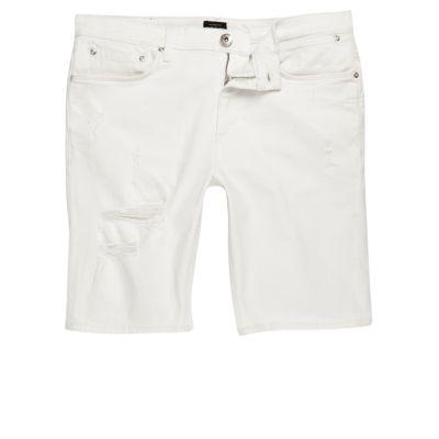 River Island Mens White Distressed Skinny Fit Denim Shorts