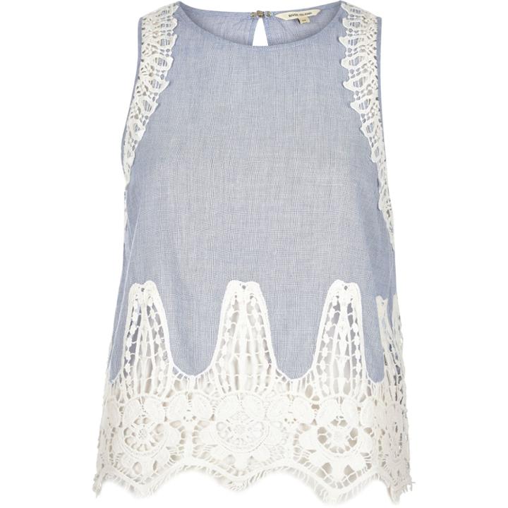 River Island Womens Chambray Lace Sleeveless Tank Top