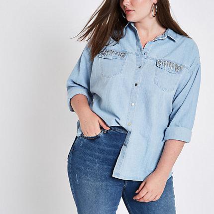 River Island Womens Plus Diamante Pocket Denim Shirt