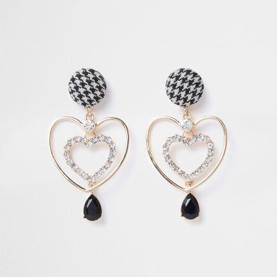 River Island Womens Gold Tone Tweed Heart Drop Earrings