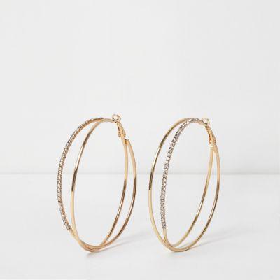 River Island Womens Gold Tone Double Hoop Rhinestone Earrings