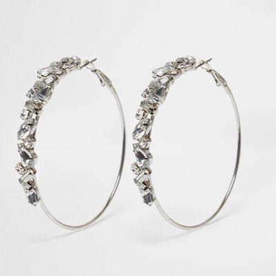 River Island Womens Silver Tone Rhinestone Encrusted Hoop Earrings