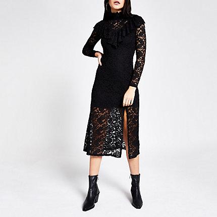 River Island Womens Lace Ruffle High Neck Midi Dress