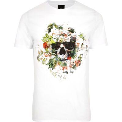 River Island Mens White Skull Floral Print Slim Fit T-shirt