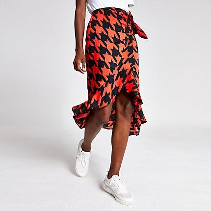 River Island Womens Dogtooth Check Frill Midi Skirt