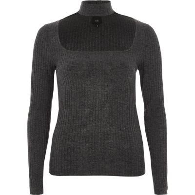River Island Womens Rib Long Sleeve Choker Neck Top