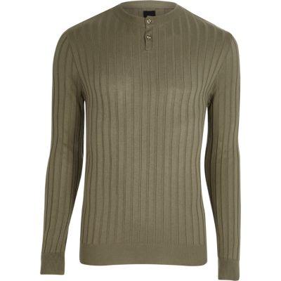 River Island Mens Rib Knit Long Sleeve Henley Top