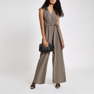 River Island Womens Wrap Tie Front Wide Leg Jumpsuit