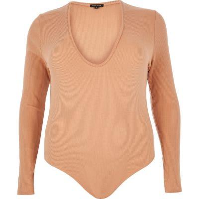 River Island Womens Ri Plus Nude Ribbed Plunge Bodysuit