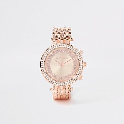 River Island Womens Rose Gold Color Bling Chain Link Watch